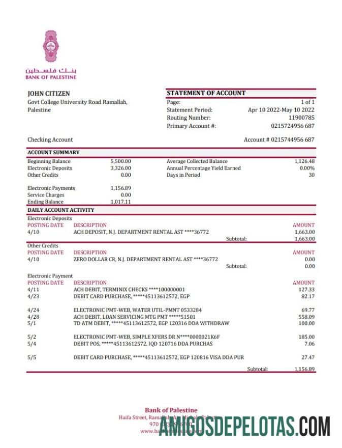 Exemplo de extrato bancário Xls do Banco da Palestina da Palestina